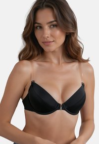 Black padded bra with seamless cups, clear adjustable straps, and a front closure. Features a smooth fabric and delicate lace trim.
