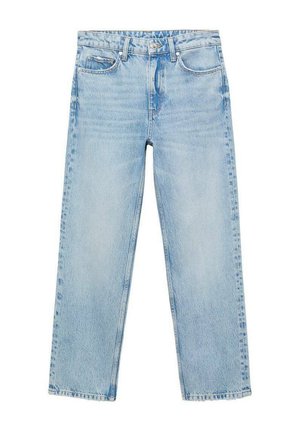 Jeans in denim azzurro chiaro con gamba dritta, vita media e design a cinque tasche. Presentano una leggera scoloritura e dettagli di cucitura classici.