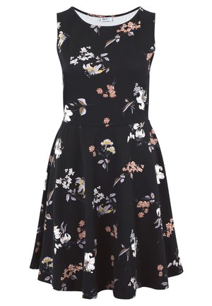 Ziedu A-line kleita melnā audumā. Ievērojama bez piedurknēm, ar apaļu kakla izgriezumu un dažādiem ziedu rakstiem baltā, rozā un dzeltenā krāsā.