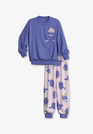 Purple sweatshirt with a cartoon character design and snap buttons, paired with light pink pants featuring repeating blue monster patterns.