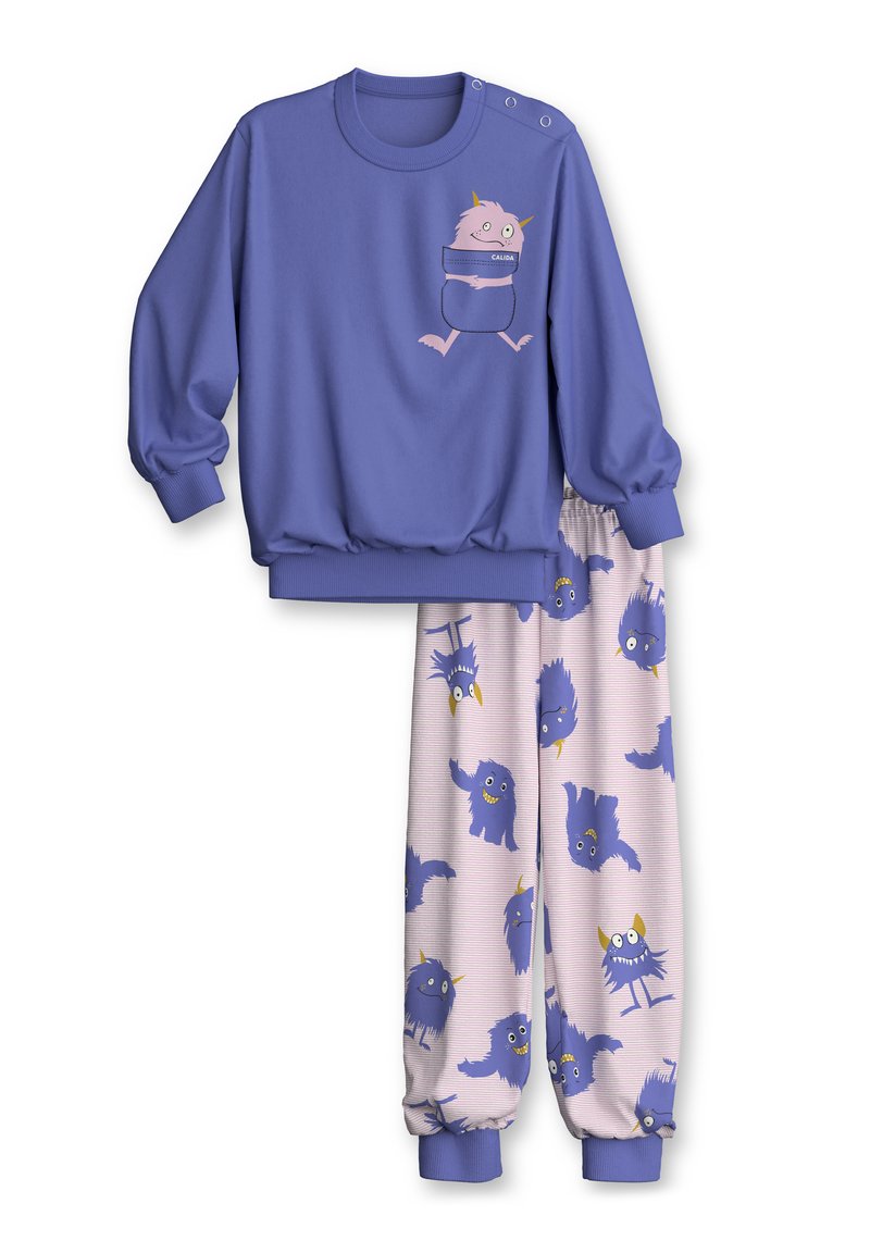 Lila Sweatshirt mit einem Cartoon-Charakter-Design und Druckknöpfen, kombiniert mit hellrosa Hosen, die sich wiederholende blaue Monster-Muster aufweisen.