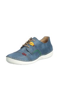 Scarpa in pelle blu con suola bianca cucita, accenti decorativi colorati e design con lacci. Texture liscia con forma arrotondata.