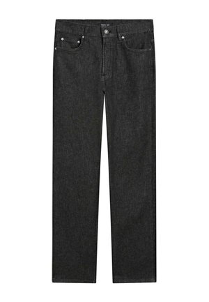 Sorte lige ben jeans med forlommer, bæltestropper og en knaplukning ved taljen.