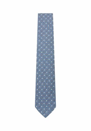 Blåt slips med et mønster af små hvide og røde firkanter jævnt fordelt over stoffet, vist på en hvid baggrund.