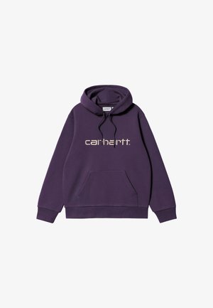 Felpa con cappuccio viola scuro, con tasca a marsupio frontale e logo "carhartt" beige al centro del petto.