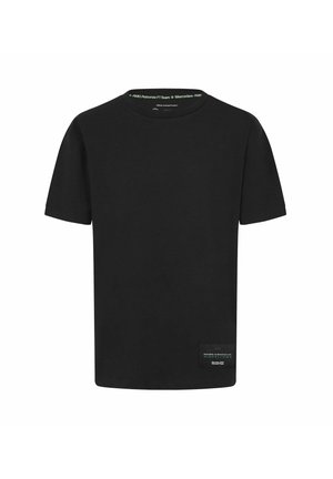Czarny t-shirt z krótkim rękawem wykonany z bawełny. Ma okrągły dekolt oraz wplecioną metkę na dolnym brzegu z detalami marki.