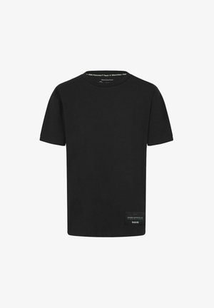 Czarny t-shirt z krótkim rękawem wykonany z bawełny. Ma okrągły dekolt oraz wplecioną metkę na dolnym brzegu z detalami marki.