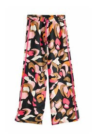 Pantaloni larghi con stampa floreale nei toni del rosa, marrone e arancione su uno sfondo nero. Vita elastica con cordoncino.