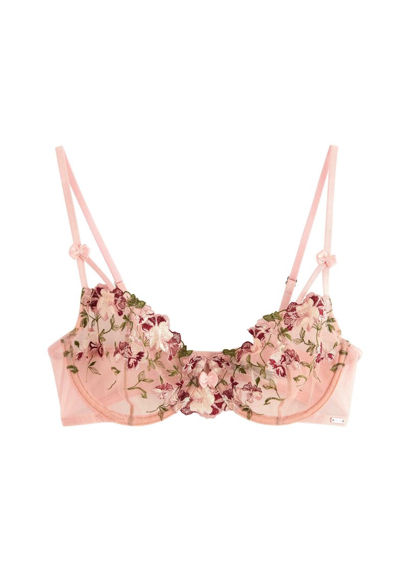 Rosa genomskinlig bh med bygel, blommönster i grönt och vinrött, samt små dekorativa spetsar på axelbanden och mitt fram.