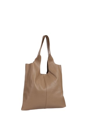 Brown leather tote bag with two handles and a soft, slightly textured surface, shown against a white background.