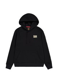 Sudadera negra de tejido suave, con un bolsillo frontal, cordones ajustables y un pequeño parche de logo multicolor en el pecho.