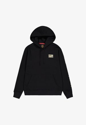 Black hoodie made of soft fabric, featuring a front pocket, adjustable drawstrings, and a small multi-colored logo patch on the chest.