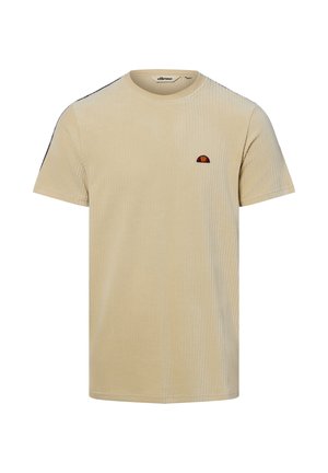 T-shirt beige à manches courtes avec texture côtelée, petit logo noir et orange sur la poitrine gauche et bande noire le long des épaules.