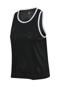 Black mesh tank top with white trim, sleeveless design, featuring a breathable texture and subtle perforated pattern.