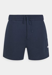 Námořnické modré sportovní šortky vyrobené z bavlněného směsového materiálu, s elastickým pasem na šňůrku a boční kapsou s logem.