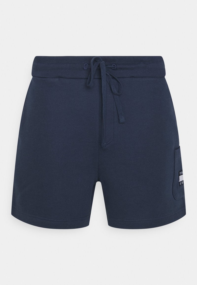 Námořnické modré sportovní šortky vyrobené z bavlněného směsového materiálu, s elastickým pasem na šňůrku a boční kapsou s logem.