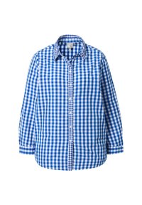 Camicia a quadri blu e bianchi con colletto a punta, maniche lunghe, bottone frontale e orlo curvo. Tessuto di cotone con una texture liscia.