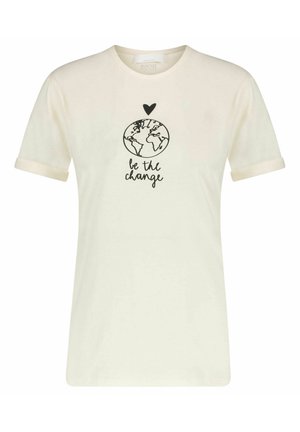 Kremowy t-shirt z krótkim rękawem i podwiniętymi mankietami, z czarnym sercem, globusem i tekstem "be the change" na przodzie.