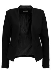Blazer noir au design lisse et structuré, avec des revers élégants, des poches latérales et une doublure intérieure satinée. Sans boutons ni fermetures.