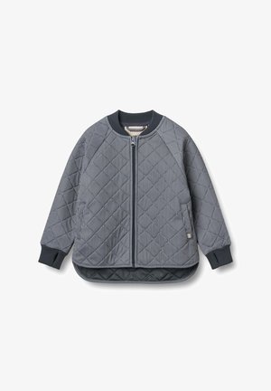 Quilted bomber jacket in navy blue with white stripes. Features a zip front, ribbed cuffs, and a solid color hem. Two side pockets included.