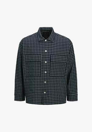 Hemd aus navyblauem Baumwollstoff mit einem weißen Karomuster, zwei Brusttaschen und einem geraden Schnitt mit Kragen.