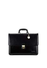 Zwarte leren aktetas met een handvat aan de bovenkant, gouden beslag, een voorste sluiting met slot en een metalen logobadge. Gladde textuur met minimale details.