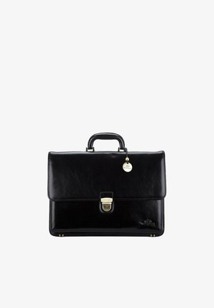 Maletín de cuero negro con asa superior, herrajes dorados, cierre frontal con cerradura y etiqueta metálica con el logo. Textura lisa con detalles mínimos.