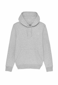 Šedá mikina vyrobená z měkké tkaniny. Obsahuje velkou přední kapsu, kapuci se stahovacími šňůrkami a žebrované manžety a lem. Jednoduchý design bez vzorů.
