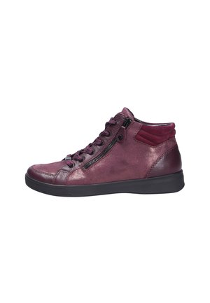 Burgundy leather high-top sneaker with laces, side zipper, padded collar, and black rubber sole shown from the side on white background.