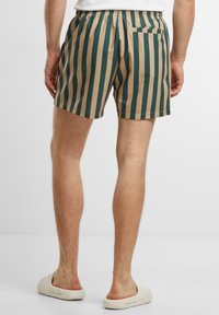 Gestreifte Badeshorts in Grün und Beige, mit elastischem Bund, seitlichen Taschen und einer Gesäßtasche. Leichter Stoff mit strukturierter Oberfläche.