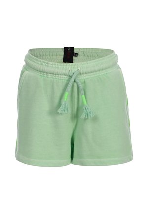 Lichtgroene katoenen korte broek met elastische tailleband, verstelbare gevlochten trekkoord met kwastjes en zijzakken.