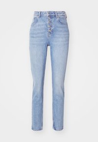Ljusblå denimjeans med hög midja, fem knappar framtill och rak ben-design. Har stickade fickor och en urvattnad textur.
