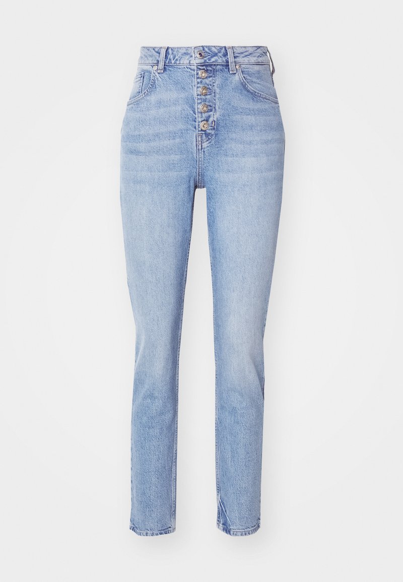 Hellblaue Jeans aus Denim mit hoher Taille, fünf Knöpfen vorne und geradem Bein. Enthält gestickte Taschen und eine ausgewaschene Textur.
