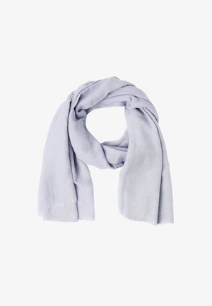 Heled lavendel sall, mis on valmistatud pehmest ja kergest kangast, millel on kergelt tekstureeritud pind ja fransiääred. Rippub lahtises loos.