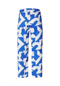 Losse, blauw-witte patroonbroeken met een elastische tailleband, met opvallende geometrische vormen en een lichtgewicht stof.