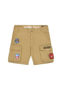 Khaki cargo šortky s viacerými vreckami, vyšívanými nášivkami a textom "FLYING TIGERS" na páse. Odolná látka, voľný strih.