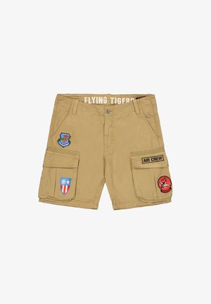 Khaki cargo kratke hlače z več žepi, vezenimi aplikacijami in napisom "LETALNI TIGRI" na pasu. Trajna tkanina, sproščen fit.