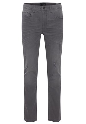Jean en denim gris avec une coupe droite, featuring un léger effet de décoloration et des patchs déchirés. Design standard à cinq poches et fermeture à bouton.