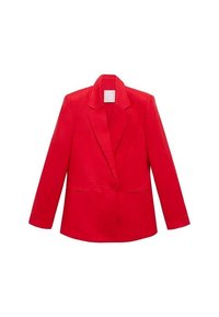 Blazer rouge avec un design structuré, fermeture à double bouton, et revers à encoches. Confectionné en tissu texturé avec des poches latérales.