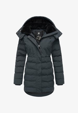 Donkergrijze pufferjas met een capuchon gevoerd met bont, een ritssluiting, drukknopen, een doorgestikt patroon en een subtiel bloemmotief op de binnenvoering.