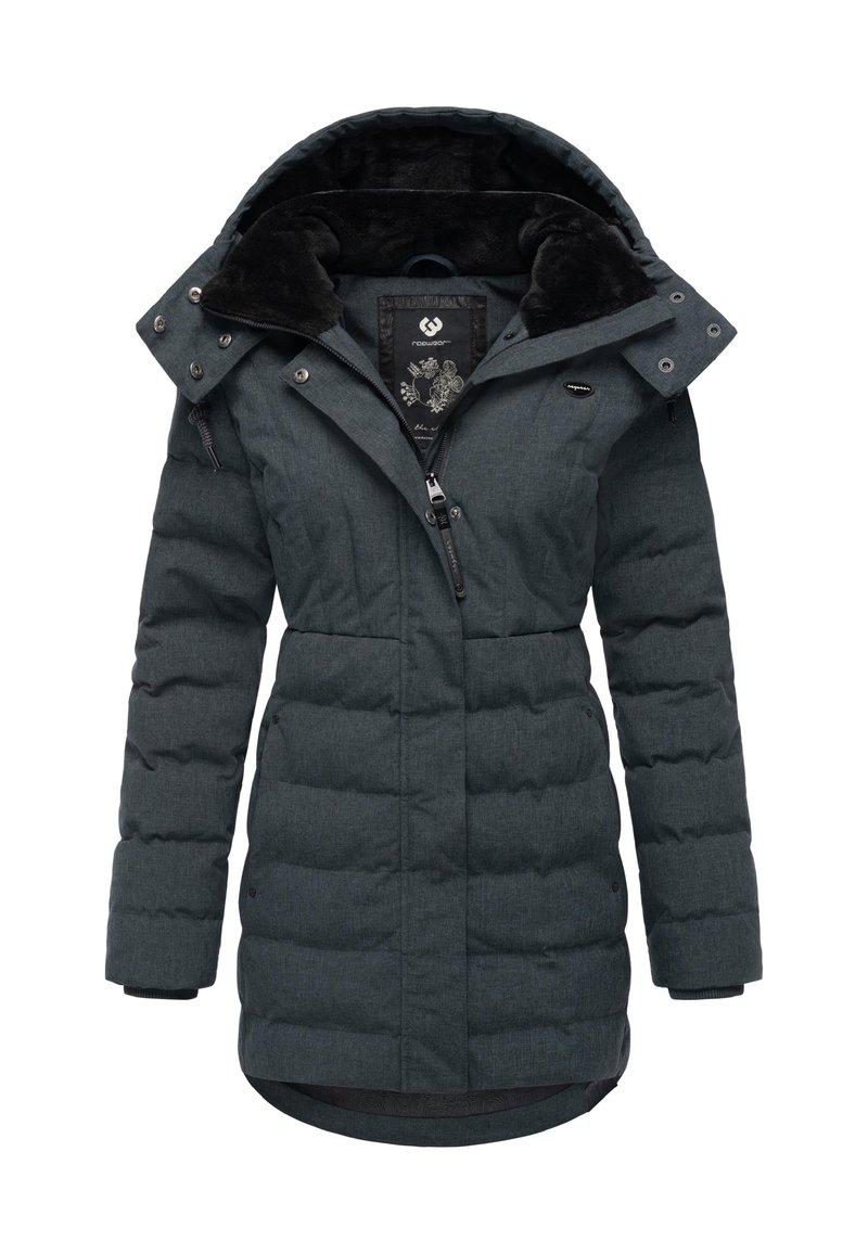 Abrigo acolchado de color gris oscuro con capucha forrada de piel, cierre de cremallera, botones a presión, textura acolchada y sutil patrón floral en el forro interior.