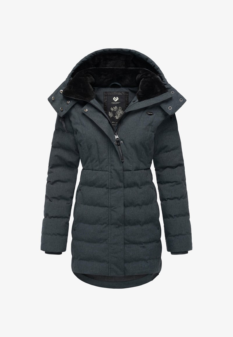 Abrigo acolchado de color gris oscuro con capucha forrada de piel, cierre de cremallera, botones a presión, textura acolchada y sutil patrón floral en el forro interior.