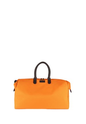 Bright orange travel duffel bag with black handles and a zipper closure on a white background.