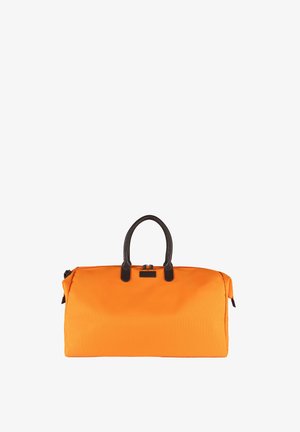 Bright orange travel duffel bag with black handles and a zipper closure on a white background.
