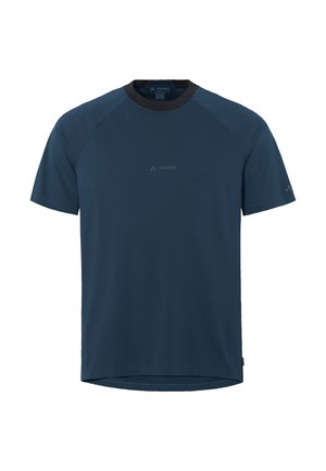 Dunkelblaues, kurzärmliges Sport-T-Shirt mit rundem Halsausschnitt, Raglanärmeln und einem dezenten Logo auf der Vorderseite. Glatte Textur.