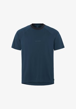 Dunkelblaues, kurzärmliges Sport-T-Shirt mit rundem Halsausschnitt, Raglanärmeln und einem dezenten Logo auf der Vorderseite. Glatte Textur.