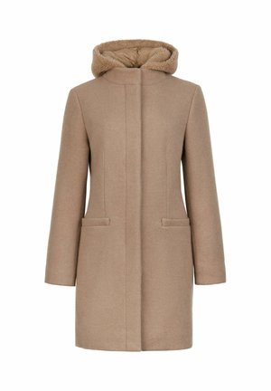 Beige Mantel mit einer mit Fell gefütterten Kapuze, langen Ärmeln, zwei vorderen Taschen und geradem Schnitt. Hergestellt aus einem wollähnlichen Material mit weicher Textur.