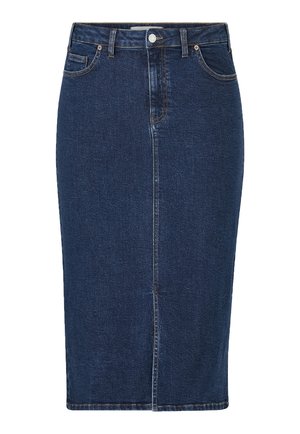 Donkerblauwe denim kokerrok met een gladde textuur, voornaaddetail en stiksels. Middenlengte met een aangesloten pasvorm.