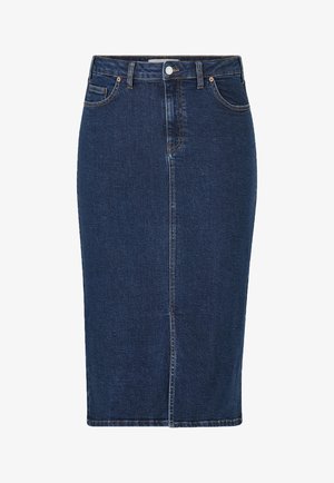 Denim pencil skirt in dark blue, featuring a smooth texture, front seam detail, and stitching accents. Mid-length with a fitted shape.
