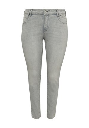 Hellgraue Skinny-Jeans aus Denim. Ausgestattet mit fünf Taschen, Gürtelschlaufen und einem vorderen Knopfverschluss. Glatte Textur mit einem subtilen Verblassen.